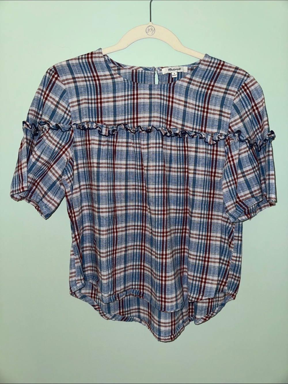 Madewell Blue Plaid Ruffle-Yoke Top with Red Accents